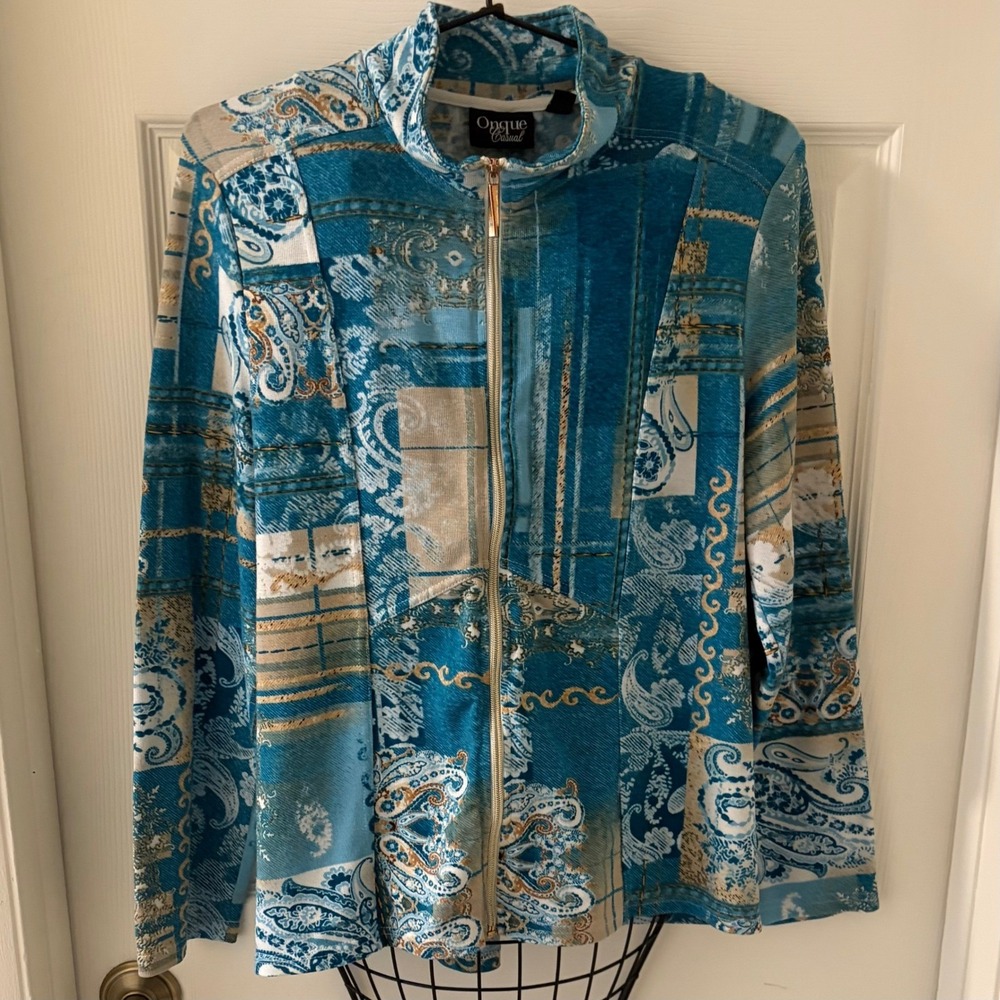 Onque Casual Womens XL Blue Paisley Patchwork Full Zip Knit Jacket Boho